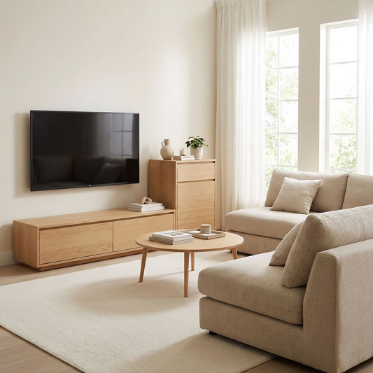 Modular Wooden TV Stand with Storage – Minimalist Low Media Console + Tall Side Cabinet, Oak Finish Entertainment Center