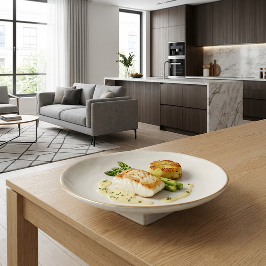 Minimalist Ceramic Serving Bowl/Plate – Matte Ivory with Gold Rim, Pedestal Fruit Bowl for Table Centerpiece