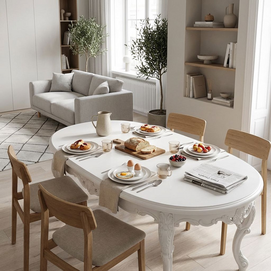 French Vintage Oval Coffee Table – Ornate Carved White Center Table with Cabriole Legs, Shabby Chic Living Room Table