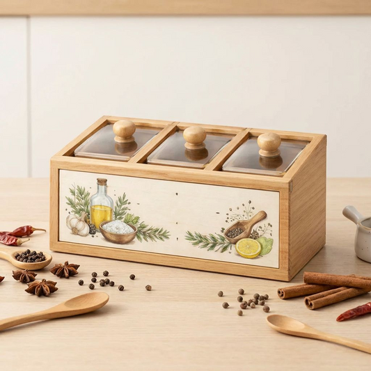 Wooden Seasoning Box with 3 Compartments – Clear Lidded Spice Organizer, Dust-Proof Countertop Condiment Storage (Vintage Illustration Design)