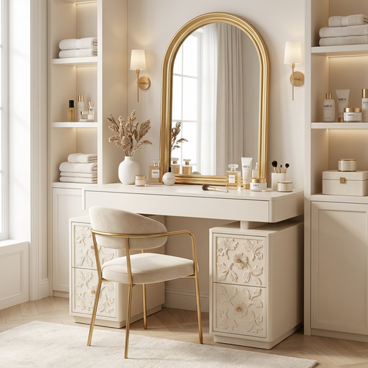 Vanity Desk with Arched Mirror – Cream White Dressing Table Set with Floral Carved Drawers, Gold Frame Makeup Vanity