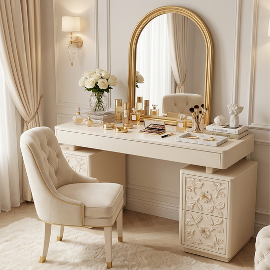 Vanity Desk with Arched Mirror – Cream White Dressing Table Set with Floral Carved Drawers, Gold Frame Makeup Vanity