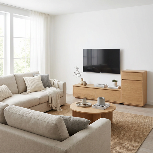 Modular Wooden TV Stand with Storage – Minimalist Low Media Console + Tall Side Cabinet, Oak Finish Entertainment Center