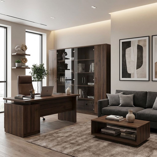 Large Wood Display Cabinet with Glass Doors – Modern Walnut Storage Cupboard with Shelves, Multi-Door Bookcase / Office Credenza