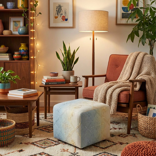 Embroidered Cube Pouf Ottoman – Blue &amp; Cream Ombre Upholstered Footstool, Soft Square Floor Seat Accent Stool