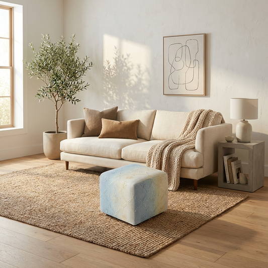 Embroidered Cube Pouf Ottoman – Blue &amp; Cream Ombre Upholstered Footstool, Soft Square Floor Seat Accent Stool