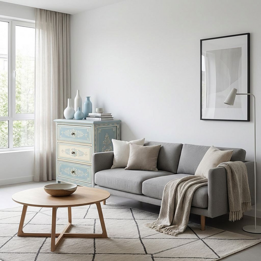 3-Drawer Nightstand – Hand-Painted Blue &amp; Cream Accent Chest with Floral Motif, Vintage French Country Bedside Table